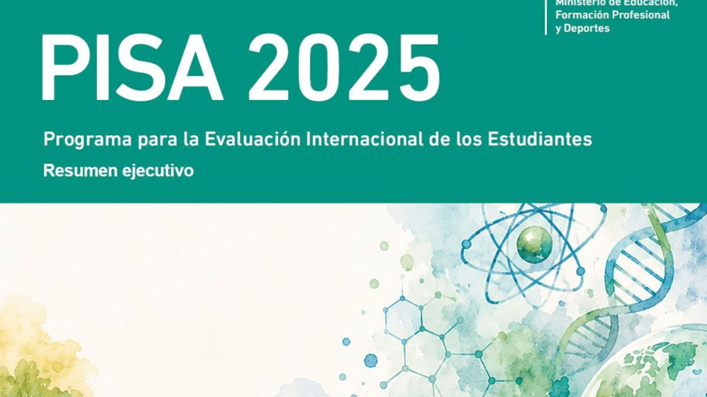 Portada del resum executiu del programa PISA 2025, amb elements visuals relacionats amb l'educació i la ciència.